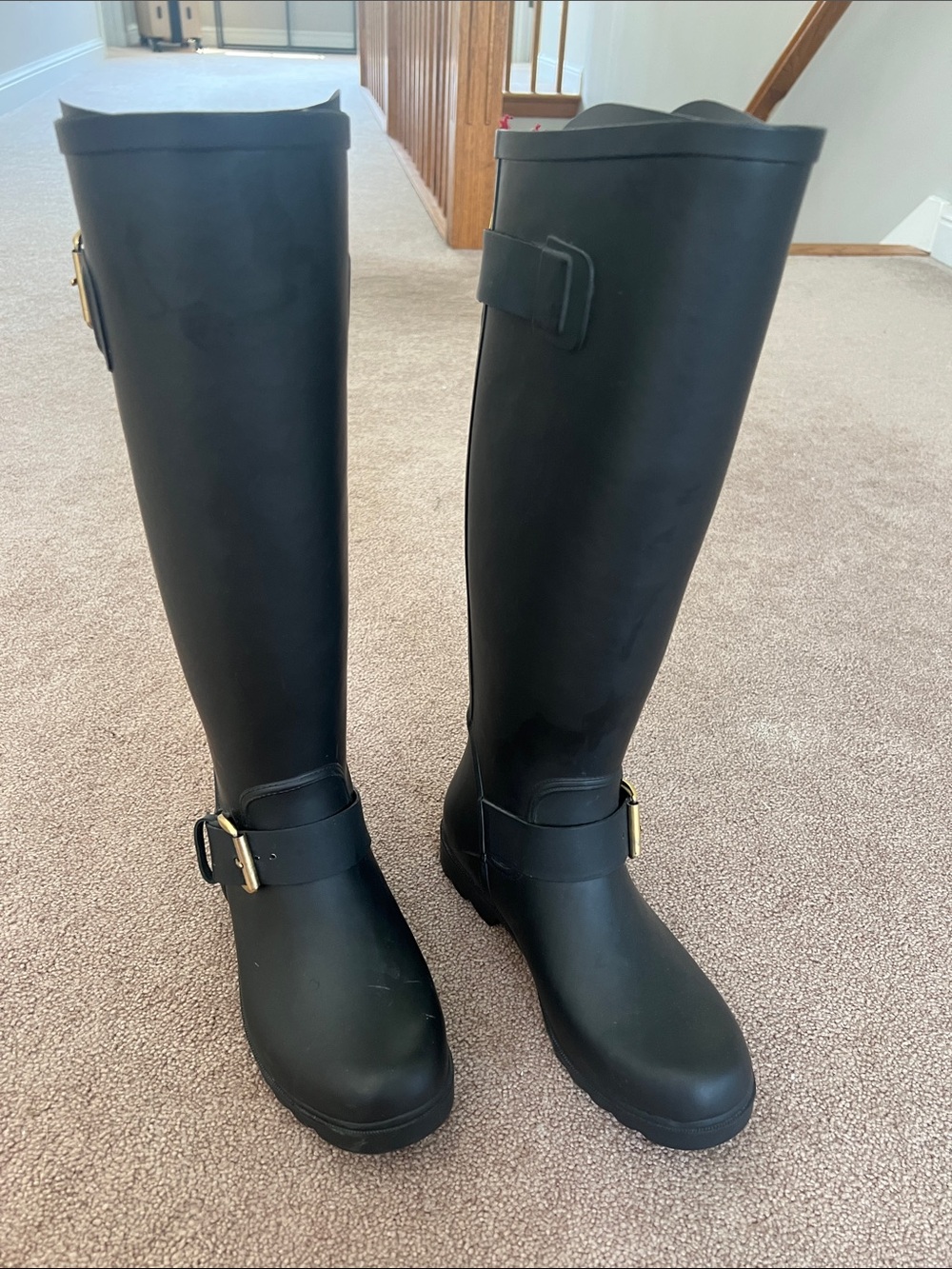 Black Women's Knee-High Rain Boots with Buckle